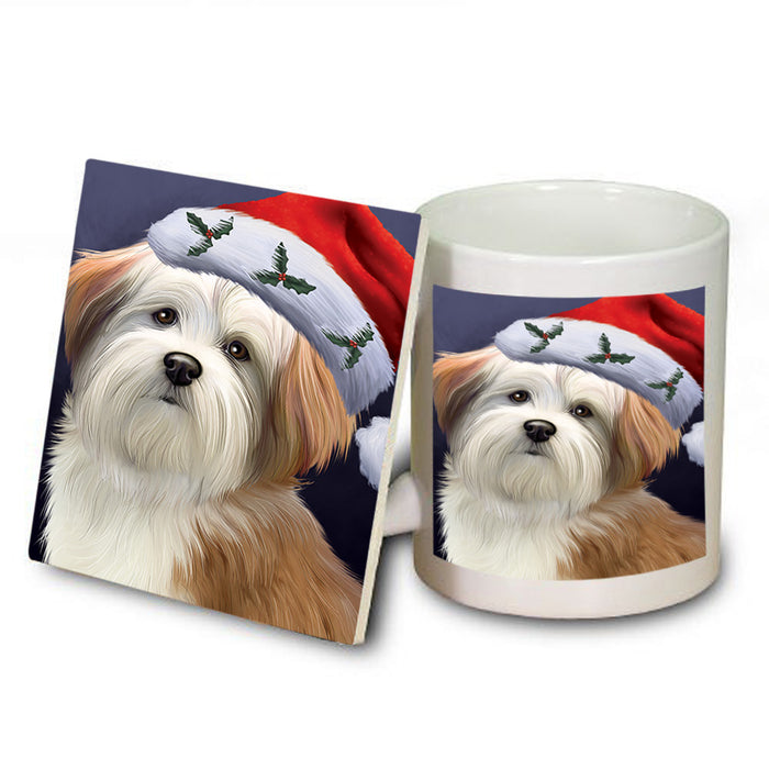 Christmas Holidays Malti Tzu Dog Wearing Santa Hat Portrait Head Mug and Coaster Set MUC53494