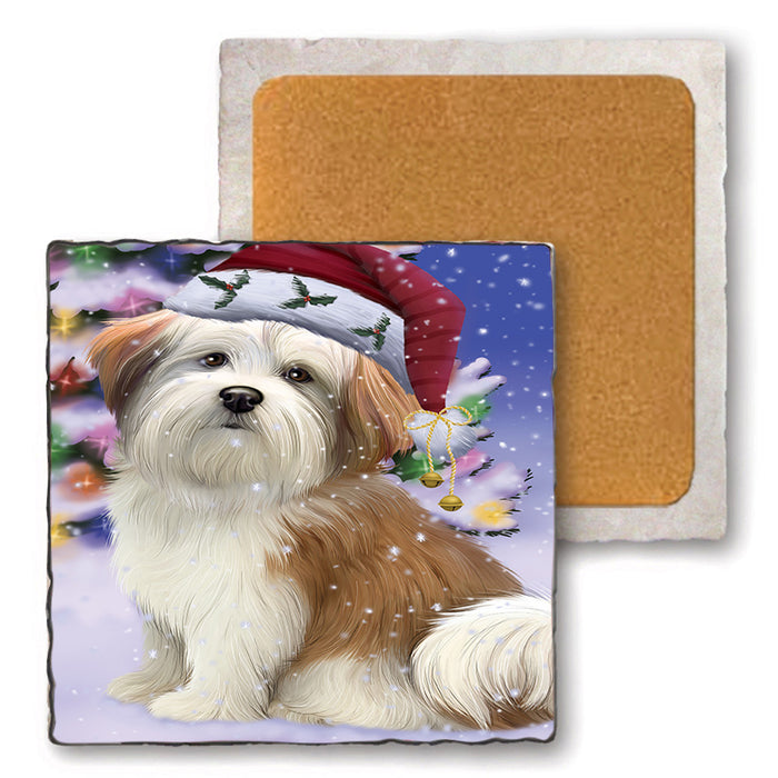 Winterland Wonderland Malti Tzu Dog In Christmas Holiday Scenic Background Set of 4 Natural Stone Marble Tile Coasters MCST48770