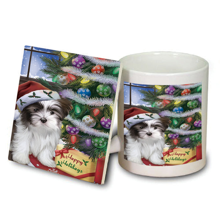Christmas Happy Holidays Malti Tzu Dog with Tree and Presents Mug and Coaster Set MUC53458