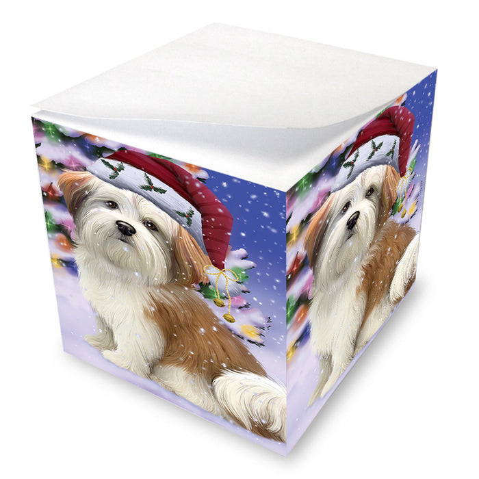 Winterland Wonderland Malti Tzu Dog In Christmas Holiday Scenic Background Note Cube NOC55416