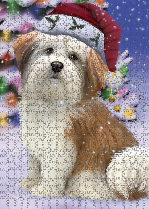 Winterland Wonderland Malti Tzu Dog In Christmas Holiday Scenic Background Puzzle with Photo Tin PUZL82236