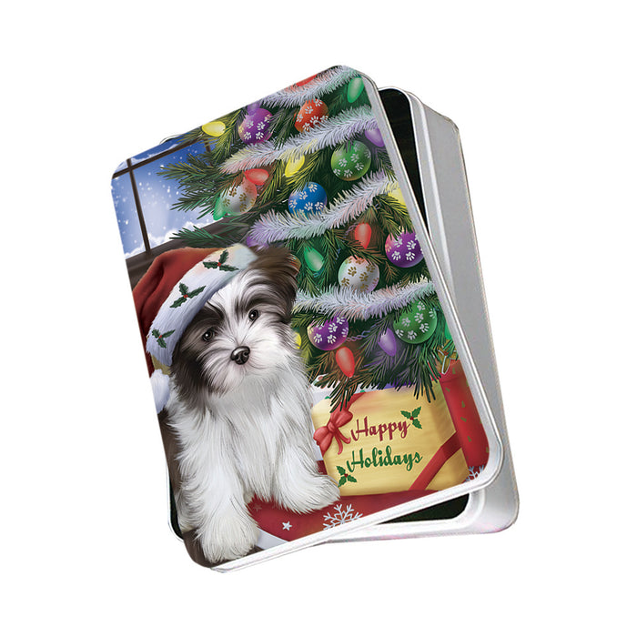Christmas Happy Holidays Malti Tzu Dog with Tree and Presents Photo Storage Tin PITN53466