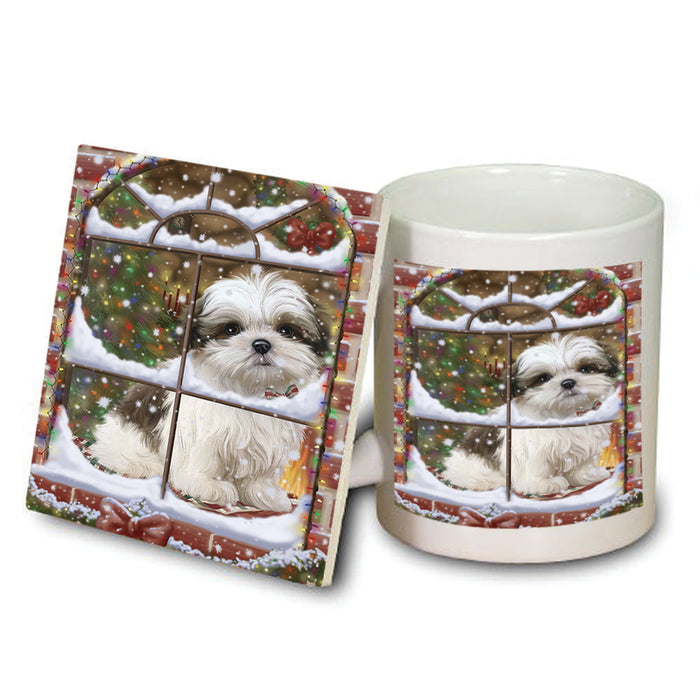 Please Come Home For Christmas Malti Tzu Dog Sitting In Window Mug and Coaster Set MUC53632