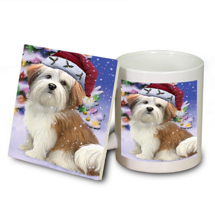 Winterland Wonderland Malti Tzu Dog In Christmas Holiday Scenic Background Mug and Coaster Set MUC53762
