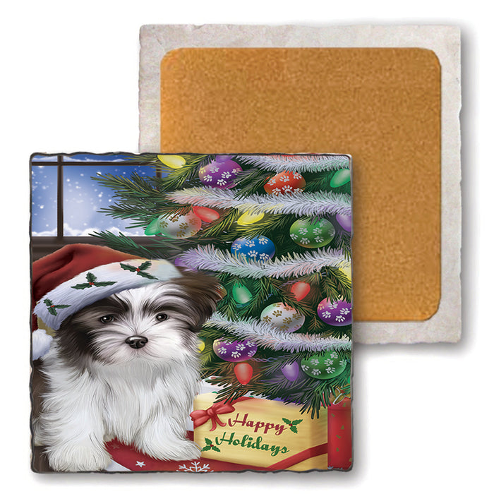 Christmas Happy Holidays Malti Tzu Dog with Tree and Presents Set of 4 Natural Stone Marble Tile Coasters MCST48466