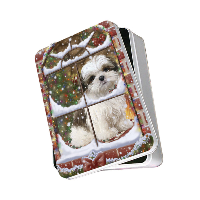 Please Come Home For Christmas Malti Tzu Dog Sitting In Window Photo Storage Tin PITN57554