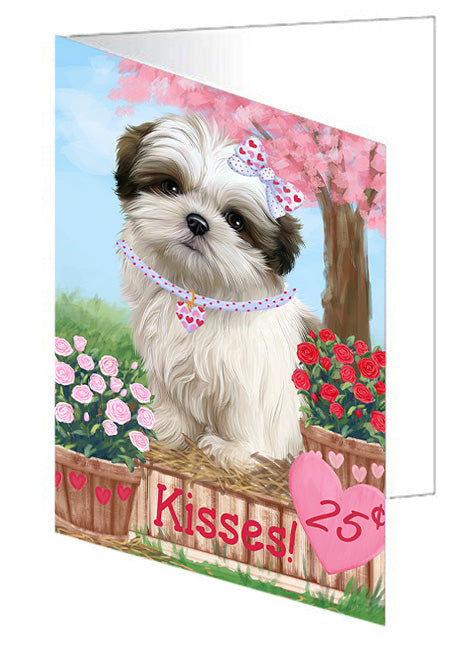 Rosie 25 Cent Kisses Malti Tzu Dog Handmade Artwork Assorted Pets Greeting Cards and Note Cards with Envelopes for All Occasions and Holiday Seasons GCD72425