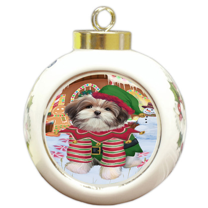 Christmas Gingerbread House Candyfest Malti Tzu Dog Round Ball Christmas Ornament RBPOR56810