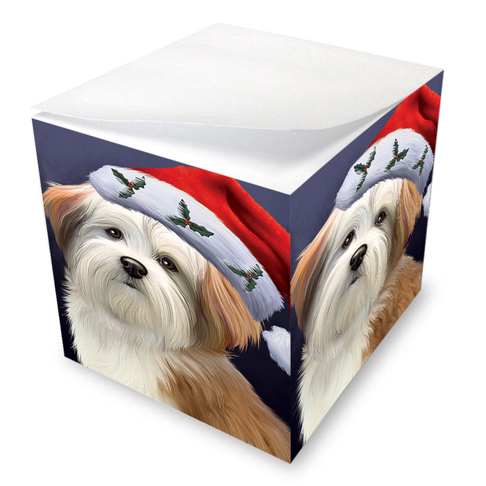 Christmas Holidays Malti Tzu Dog Wearing Santa Hat Portrait Head Note Cube NOC55148
