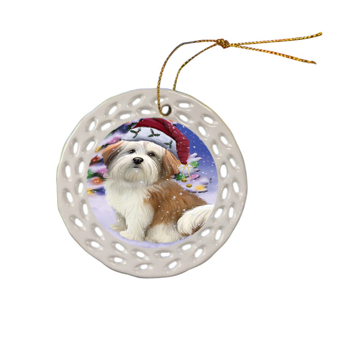 Winterland Wonderland Malti Tzu Dog In Christmas Holiday Scenic Background Ceramic Doily Ornament DPOR53770