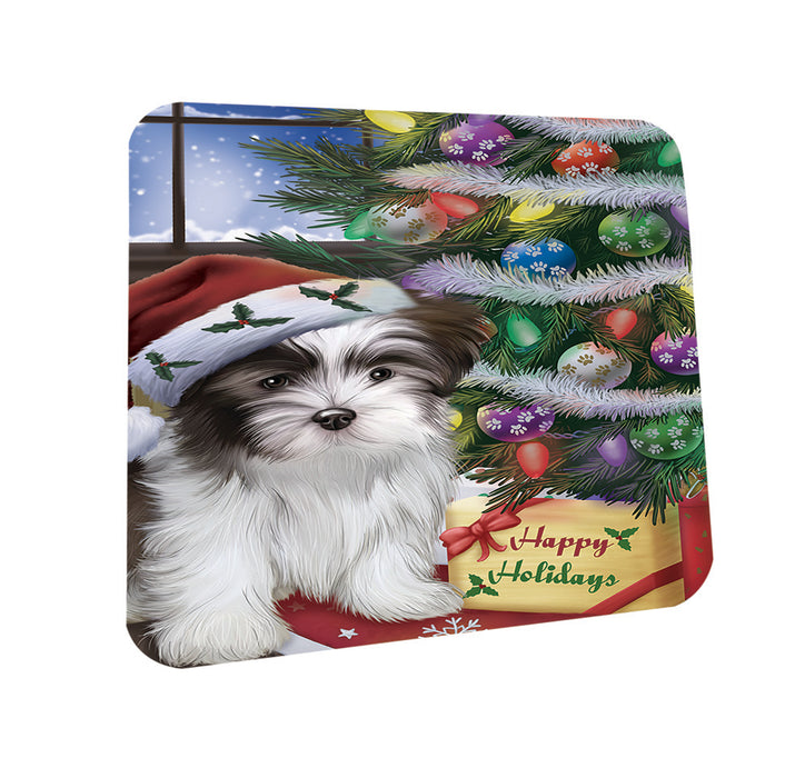 Christmas Happy Holidays Malti Tzu Dog with Tree and Presents Coasters Set of 4 CST53424