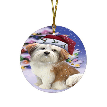 Winterland Wonderland Malti Tzu Dog In Christmas Holiday Scenic Background Round Flat Christmas Ornament RFPOR53761