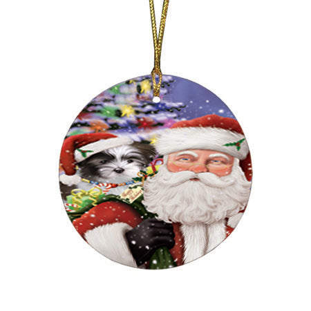 Santa Carrying Malti Tzu Dog and Christmas Presents Round Flat Christmas Ornament RFPOR53688