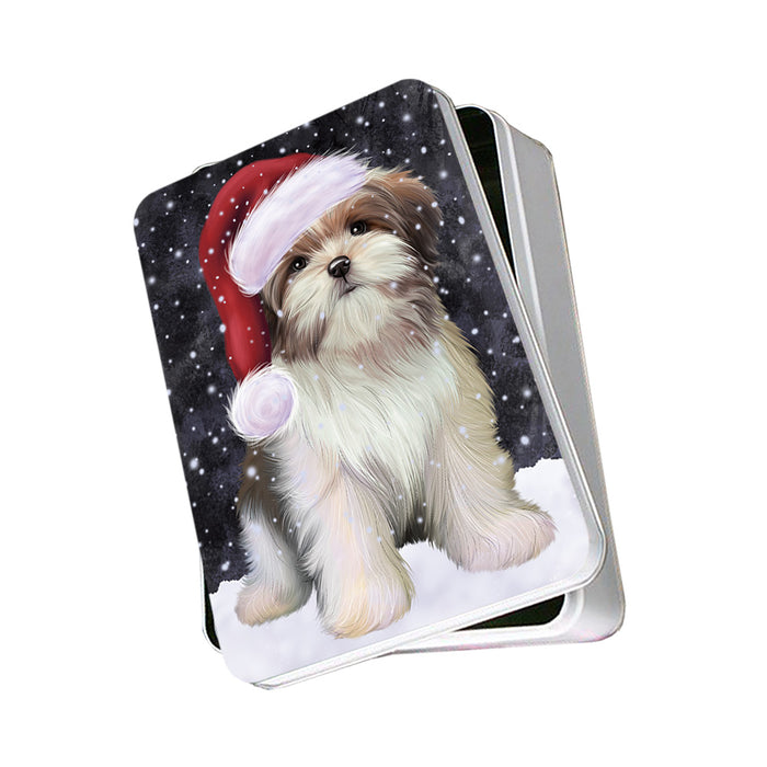 Let it Snow Christmas Holiday Malti Tzu Dog Wearing Santa Hat Photo Storage Tin PITN54255