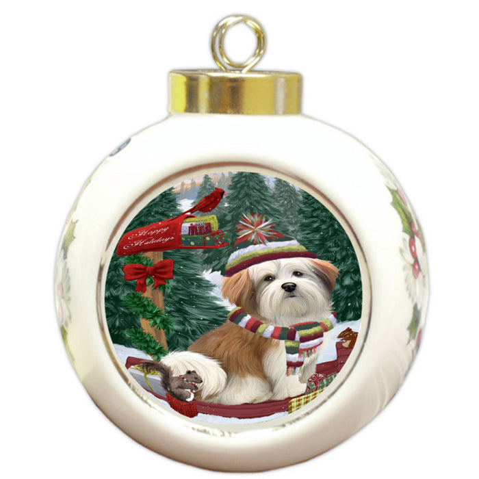 Merry Christmas Woodland Sled Malti Tzu Dog Round Ball Christmas Ornament RBPOR55330