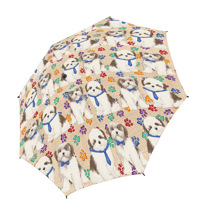 Rainbow Paw Print Malti Tzu Dogs Blue Semi-Automatic Foldable Umbrella