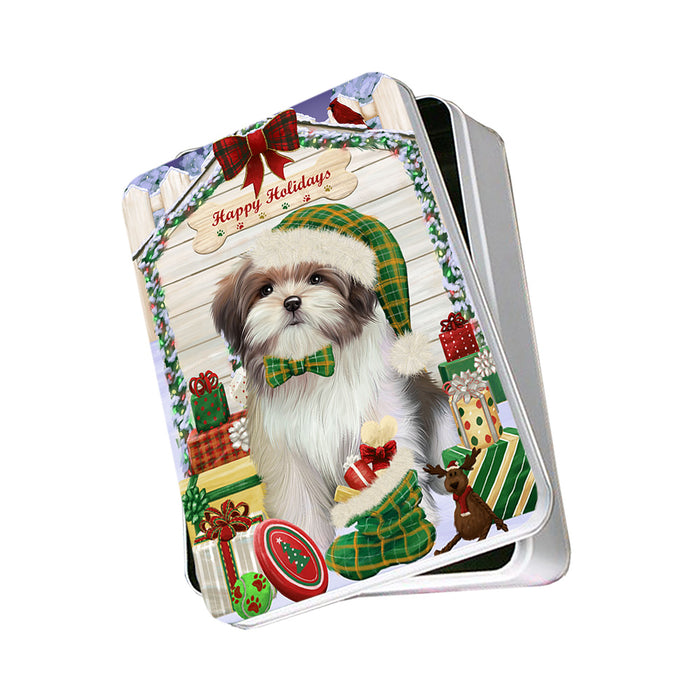 Happy Holidays Christmas Malti Tzu Dog House With Presents Photo Storage Tin PITN52156