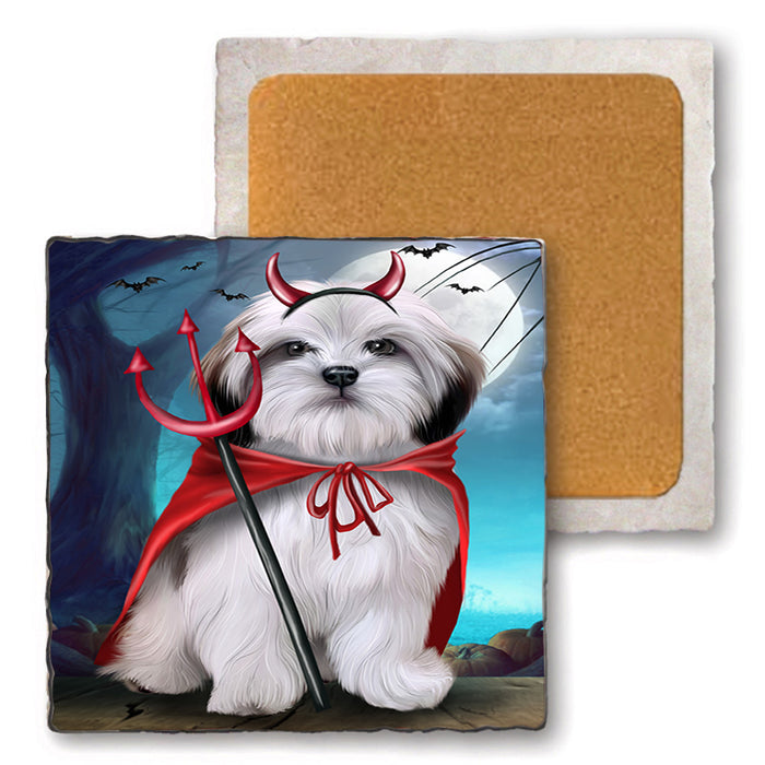 Happy Halloween Trick or Treat Malti Tzu Dog Set of 4 Natural Stone Marble Tile Coasters MCST49508