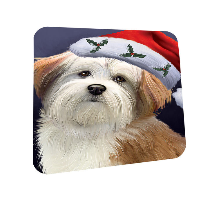 Christmas Holidays Malti Tzu Dog Wearing Santa Hat Portrait Head Coasters Set of 4 CST53460