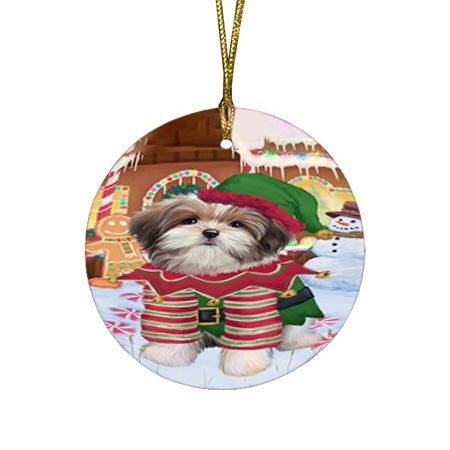 Christmas Gingerbread House Candyfest Malti Tzu Dog Round Flat Christmas Ornament RFPOR56810