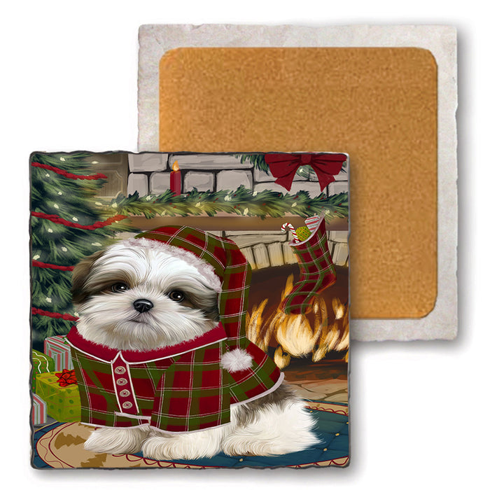 The Stocking was Hung Malti Tzu Dog Set of 4 Natural Stone Marble Tile Coasters MCST50364