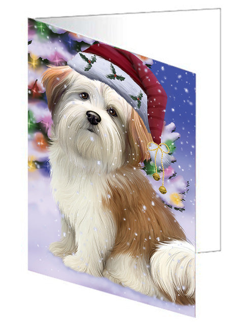 Winterland Wonderland Malti Tzu Dog In Christmas Holiday Scenic Background Handmade Artwork Assorted Pets Greeting Cards and Note Cards with Envelopes for All Occasions and Holiday Seasons GCD65339