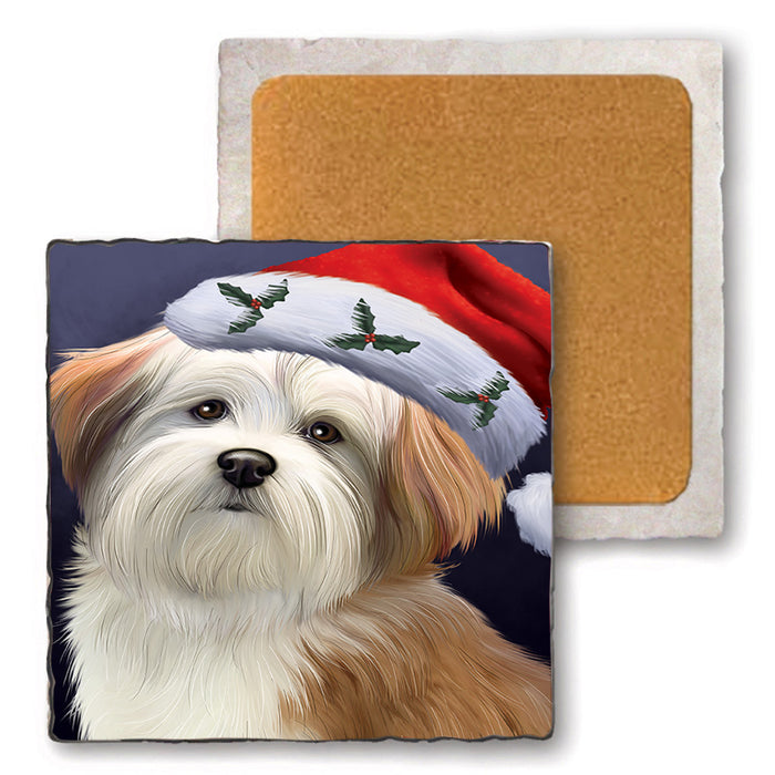 Christmas Holidays Malti Tzu Dog Wearing Santa Hat Portrait Head Set of 4 Natural Stone Marble Tile Coasters MCST48502