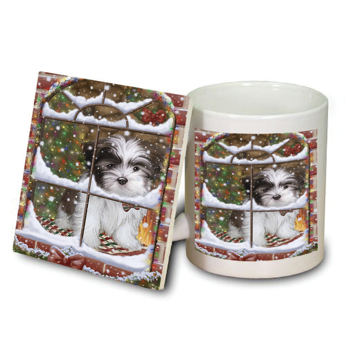 Please Come Home For Christmas Malti Tzu Dog Sitting In Window Mug and Coaster Set MUC53932
