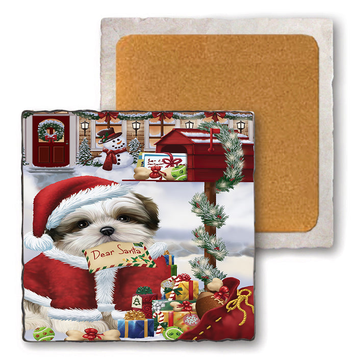 Malti Tzu Dog Dear Santa Letter Christmas Holiday Mailbox Set of 4 Natural Stone Marble Tile Coasters MCST48547