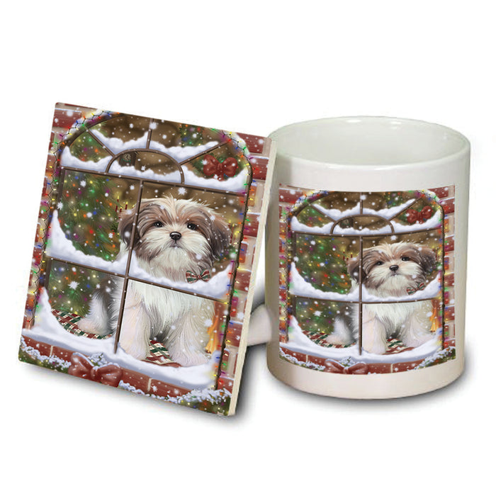 Please Come Home For Christmas Malti Tzu Dog Sitting In Window Mug and Coaster Set MUC53933
