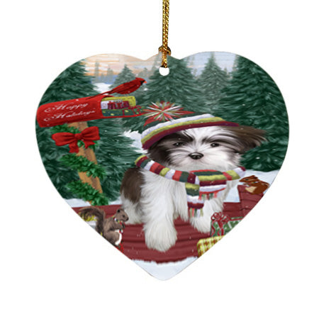 Merry Christmas Woodland Sled Malti Tzu Dog Heart Christmas Ornament HPOR55331