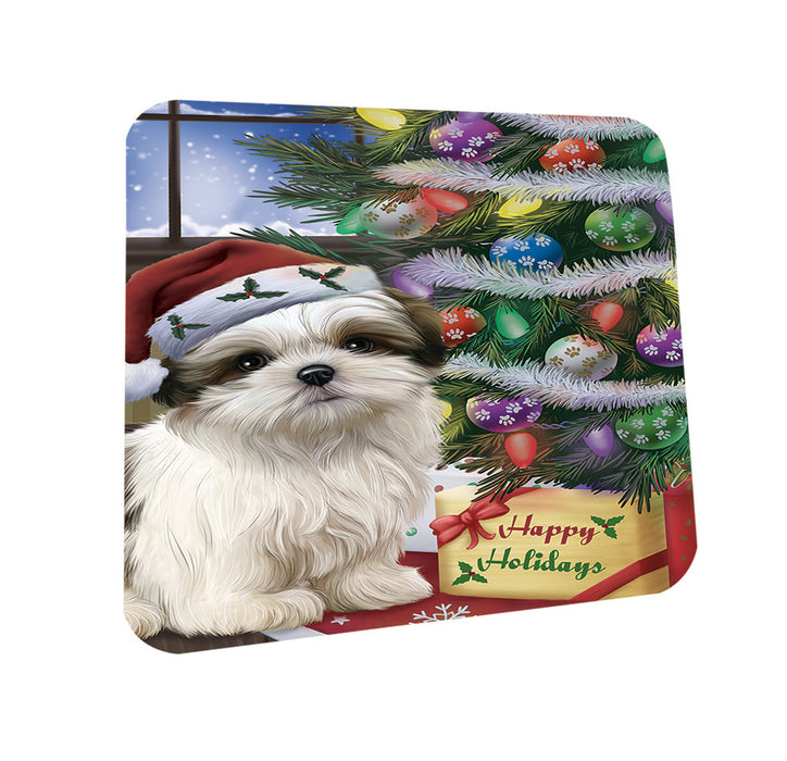 Christmas Happy Holidays Malti Tzu Dog with Tree and Presents Coasters Set of 4 CST53425