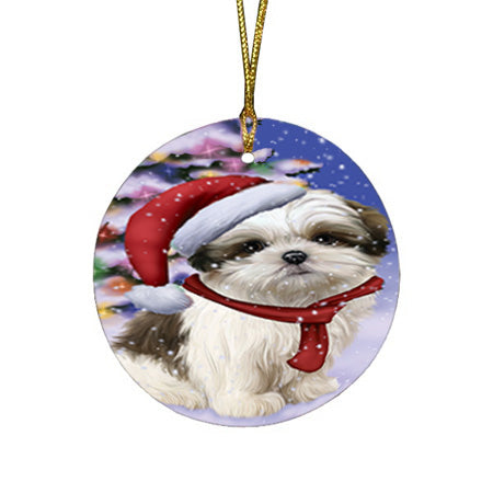 Winterland Wonderland Malti Tzu Dog In Christmas Holiday Scenic Background Round Flat Christmas Ornament RFPOR53762