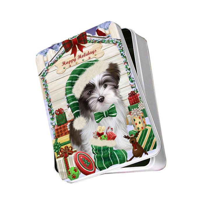 Happy Holidays Christmas Malti Tzu Dog House With Presents Photo Storage Tin PITN52157