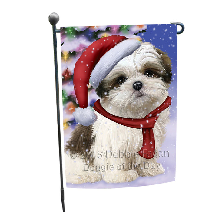Winterland Wonderland Malti Tzu Dog In Christmas Holiday Scenic Background Garden Flag GFLG53833