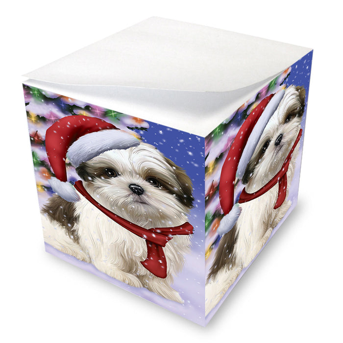 Winterland Wonderland Malti Tzu Dog In Christmas Holiday Scenic Background Note Cube NOC55417