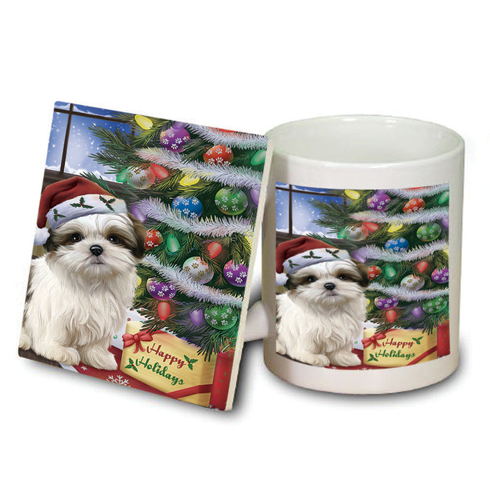Christmas Happy Holidays Malti Tzu Dog with Tree and Presents Mug and Coaster Set MUC53459