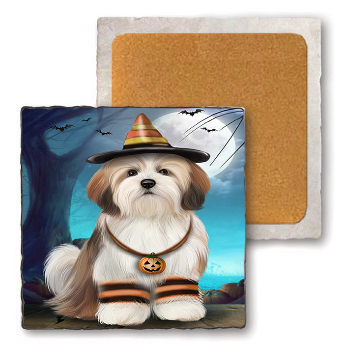 Happy Halloween Trick or Treat Malti Tzu Dog Set of 4 Natural Stone Marble Tile Coasters MCST49509