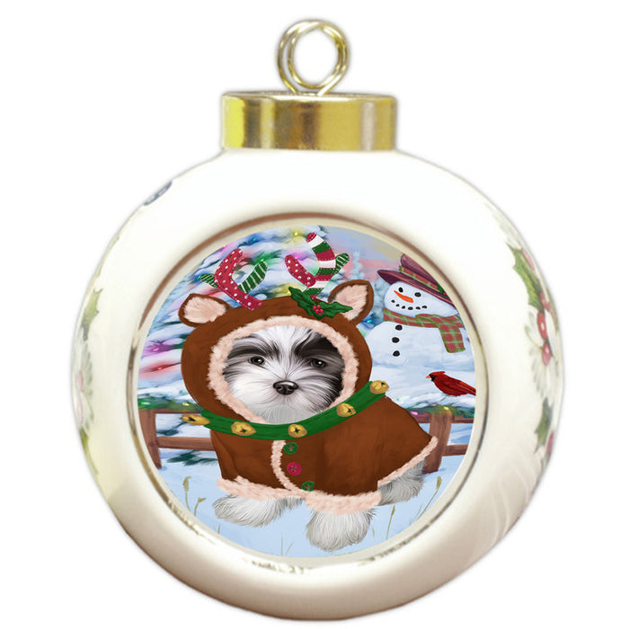 Christmas Gingerbread House Candyfest Malti Tzu Dog Round Ball Christmas Ornament RBPOR56811