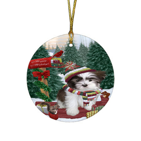 Merry Christmas Woodland Sled Malti Tzu Dog Round Flat Christmas Ornament RFPOR55331