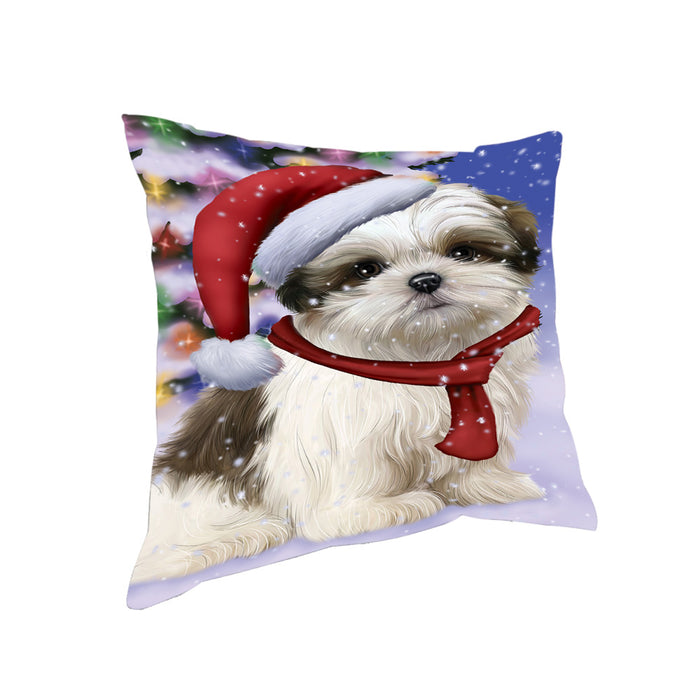 Winterland Wonderland Malti Tzu Dog In Christmas Holiday Scenic Background Pillow PIL71708