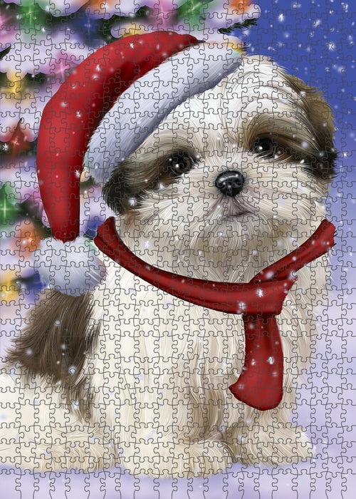 Winterland Wonderland Malti Tzu Dog In Christmas Holiday Scenic Background Puzzle with Photo Tin PUZL82240