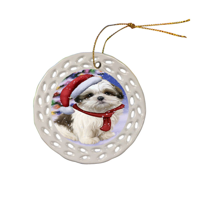 Winterland Wonderland Malti Tzu Dog In Christmas Holiday Scenic Background Ceramic Doily Ornament DPOR53771