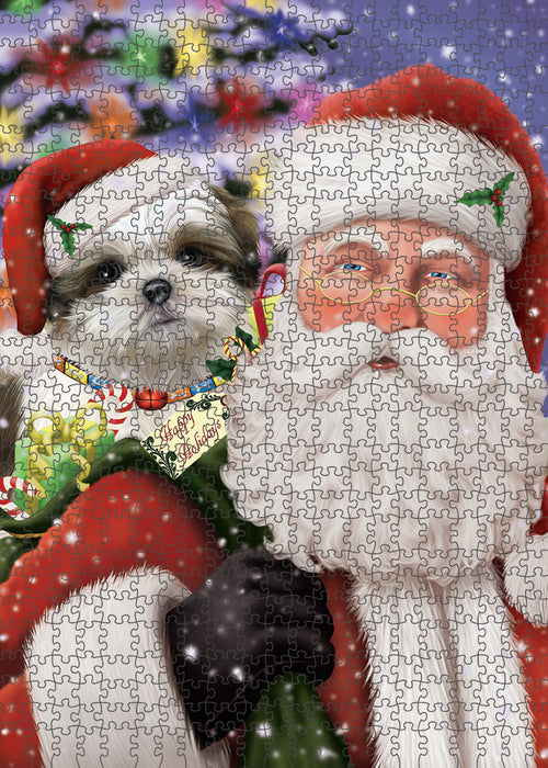 Santa Carrying Malti Tzu Dog and Christmas Presents Puzzle with Photo Tin PUZL81948
