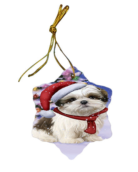 Winterland Wonderland Malti Tzu Dog In Christmas Holiday Scenic Background Star Porcelain Ornament SPOR53762