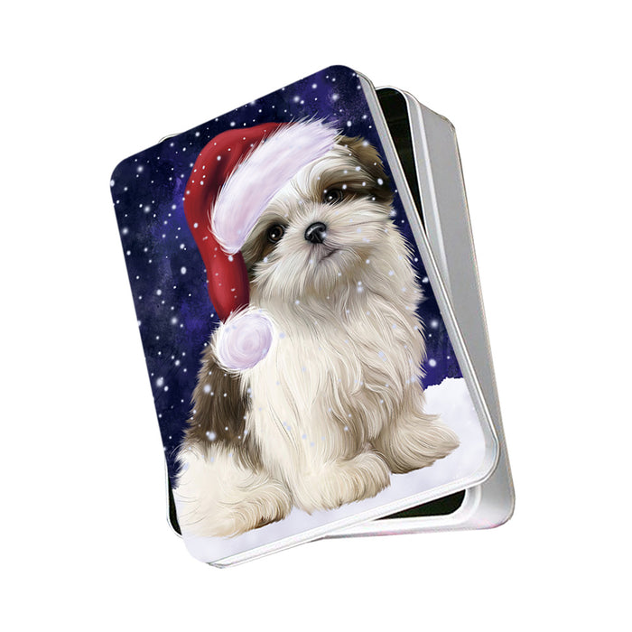 Let it Snow Christmas Holiday Malti Tzu Dog Wearing Santa Hat Photo Storage Tin PITN54256