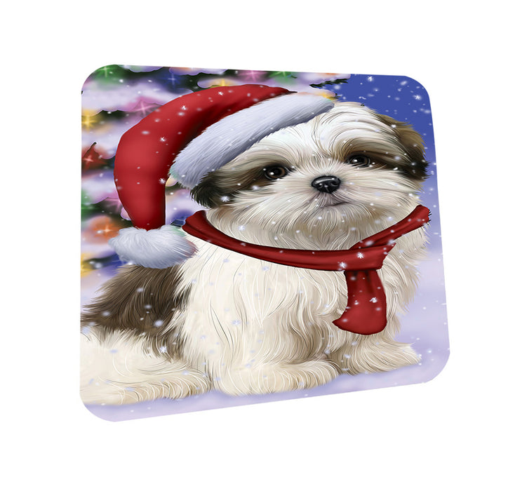 Winterland Wonderland Malti Tzu Dog In Christmas Holiday Scenic Background Coasters Set of 4 CST53729