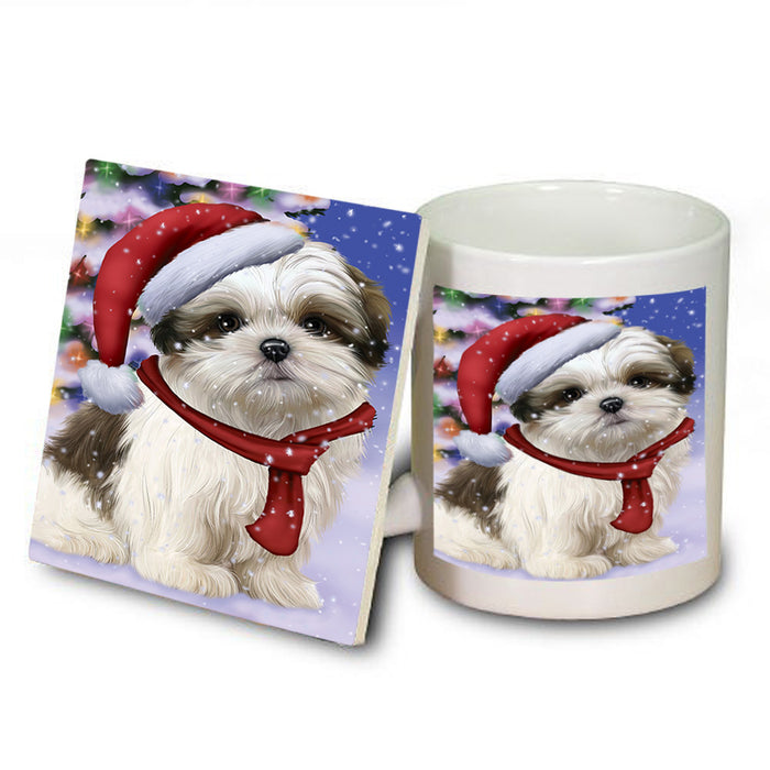 Winterland Wonderland Malti Tzu Dog In Christmas Holiday Scenic Background Mug and Coaster Set MUC53763