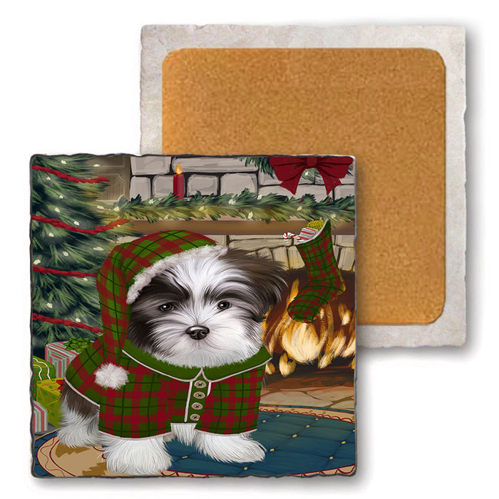 The Stocking was Hung Malti Tzu Dog Set of 4 Natural Stone Marble Tile Coasters MCST50365