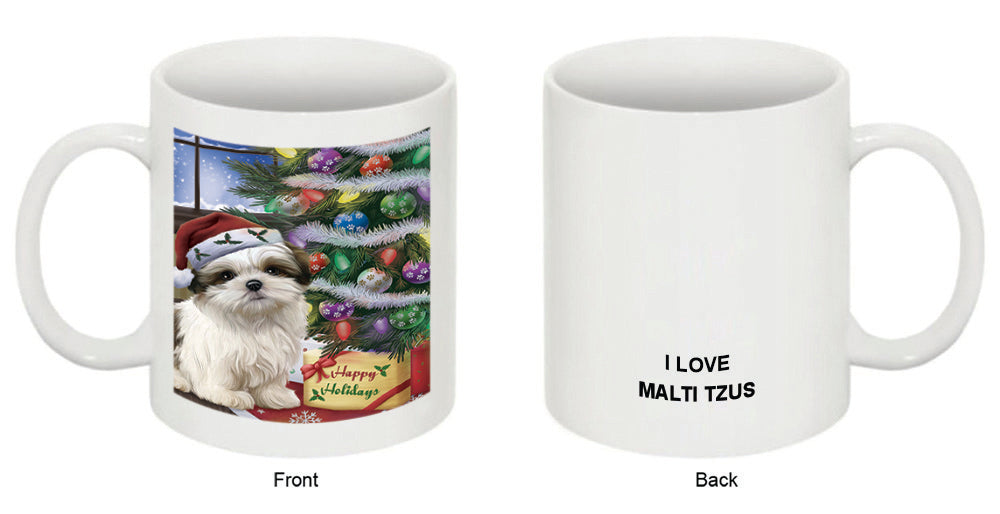 Christmas Happy Holidays Malti Tzu Dog with Tree and Presents Coffee Mug MUG48865